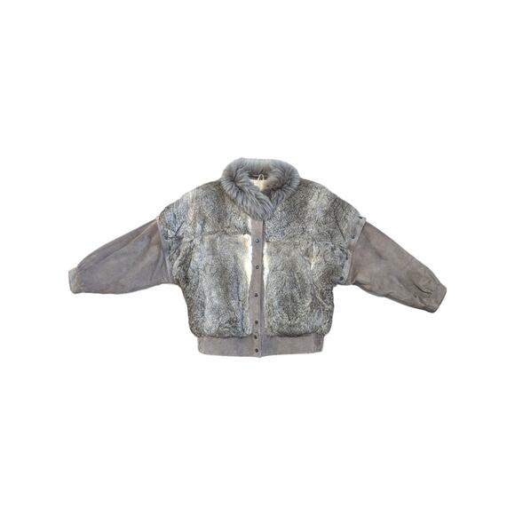 Vintage 80s Fur Suede Coat Vest Convertible Gray Rabbit Outerwear Jacket France - Picture 2 of 11